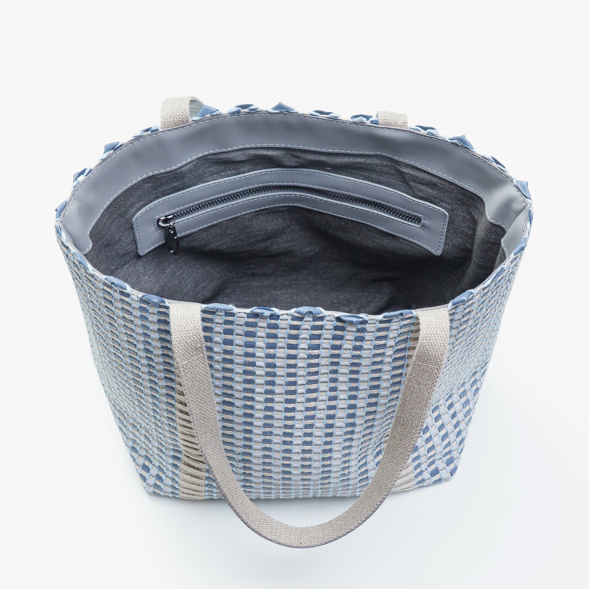 Handwoven Bag AUSTE #20 blue leather and reflective