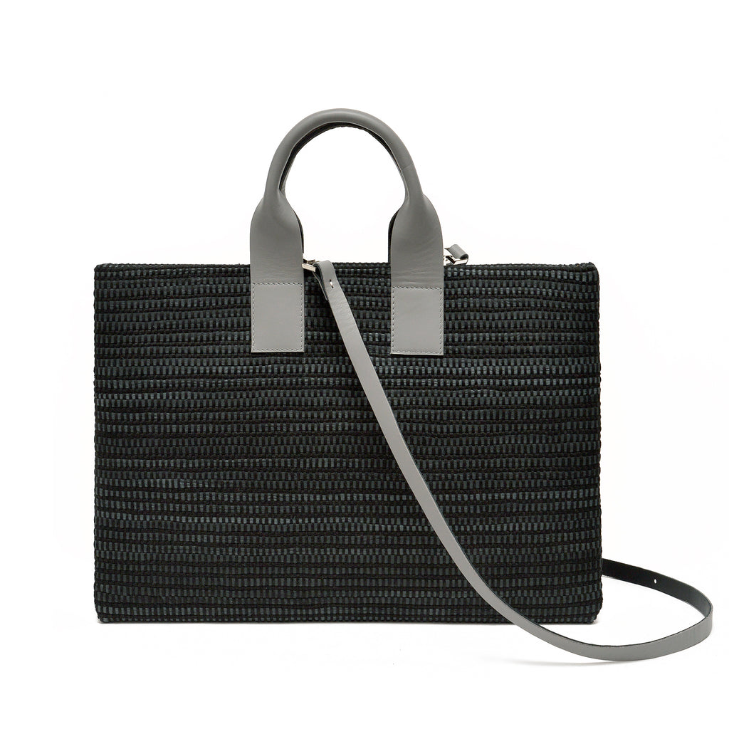 Handwoven Office Bag AUSTĖ #32 black leather and linen