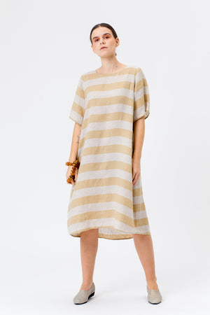Linen Dress JŪRA gold yellow stripes