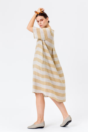 Linen Dress JŪRA gold yellow stripes