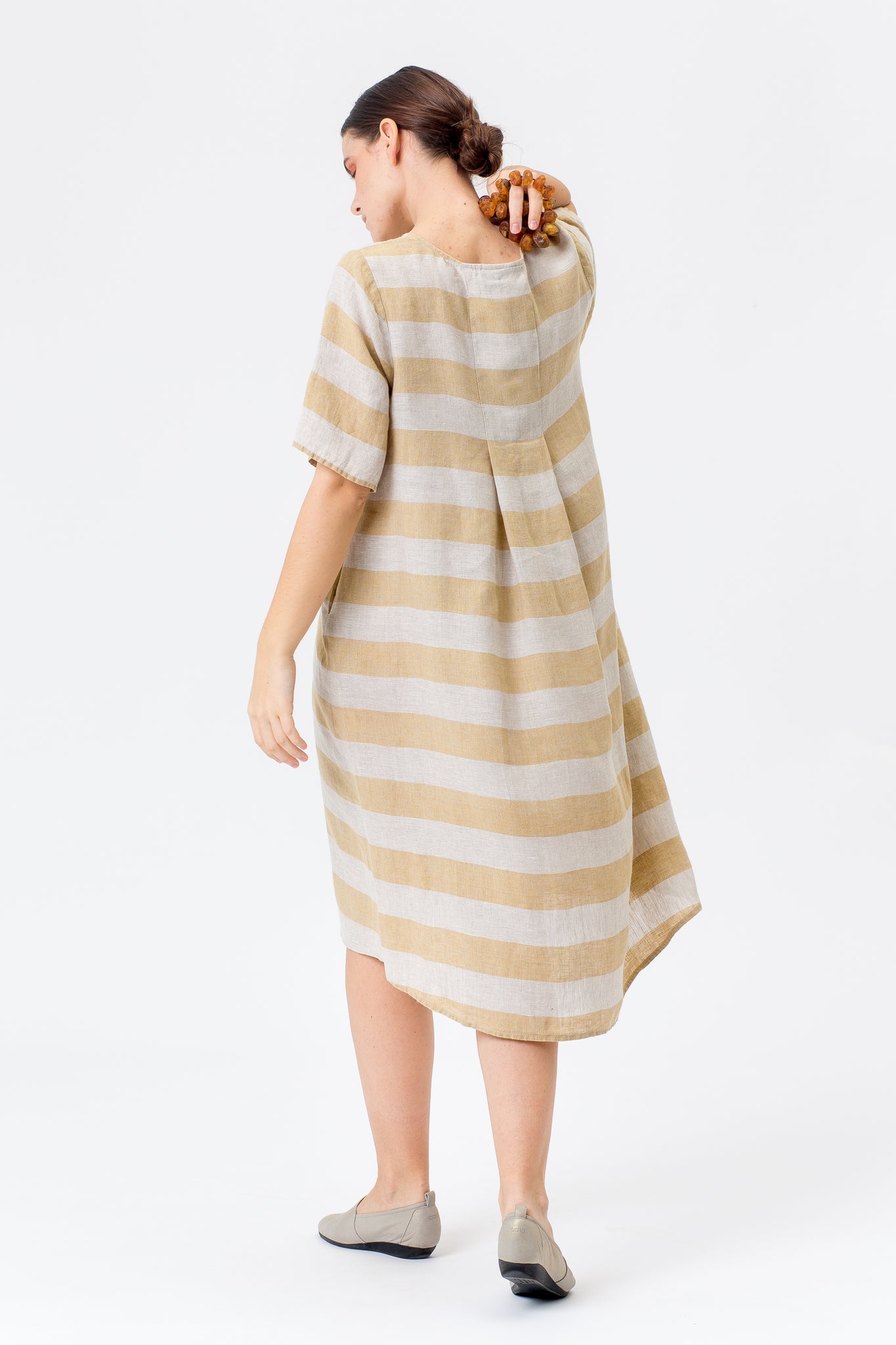 Linen Dress JŪRA gold yellow stripes