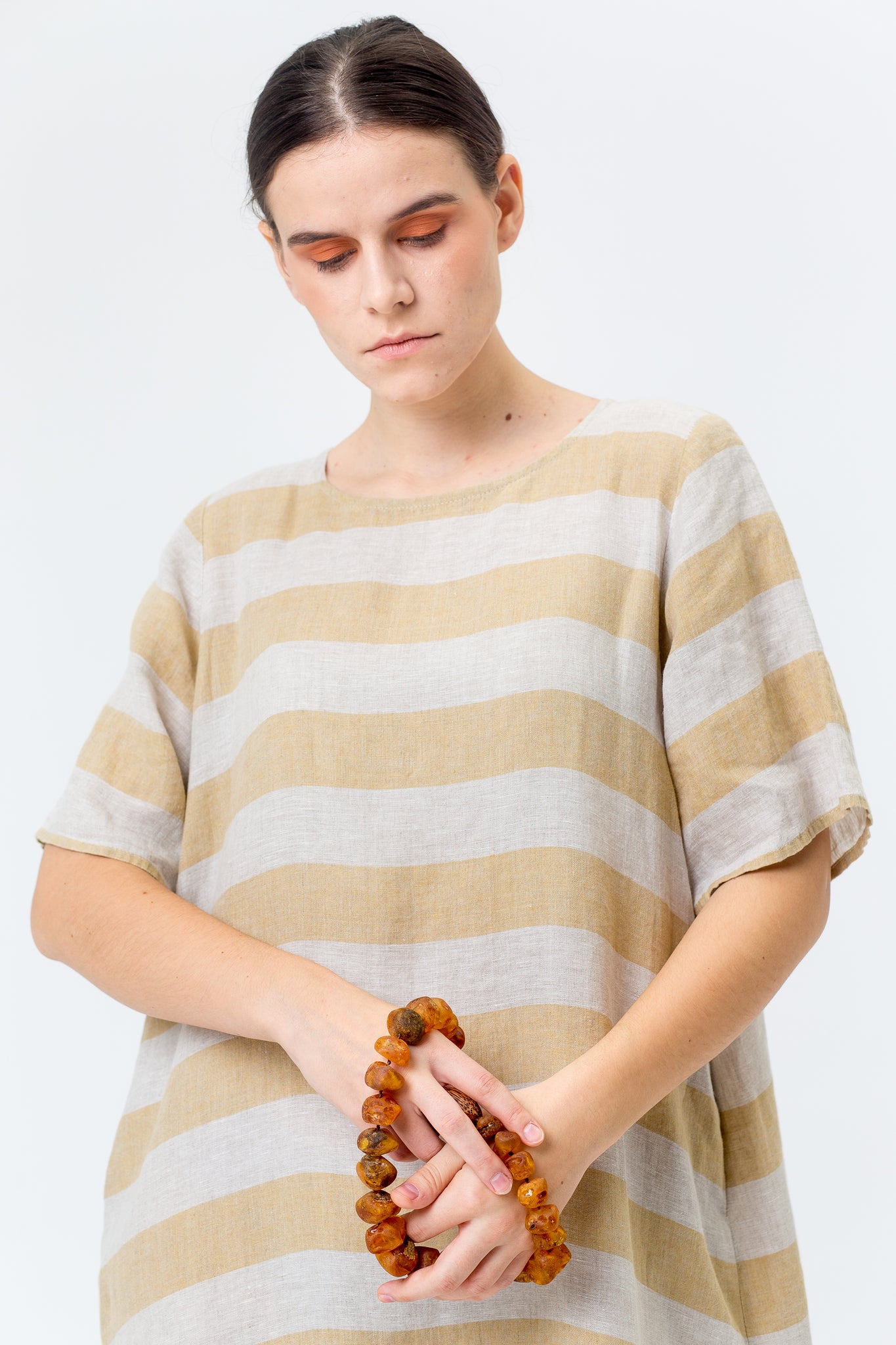 Linen Dress JŪRA gold yellow stripes