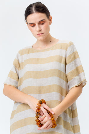 Linen Dress JŪRA gold yellow stripes