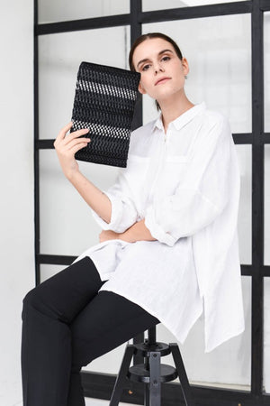 Handwoven Clutch AUSTĖ #34 black leather, linen, reflective